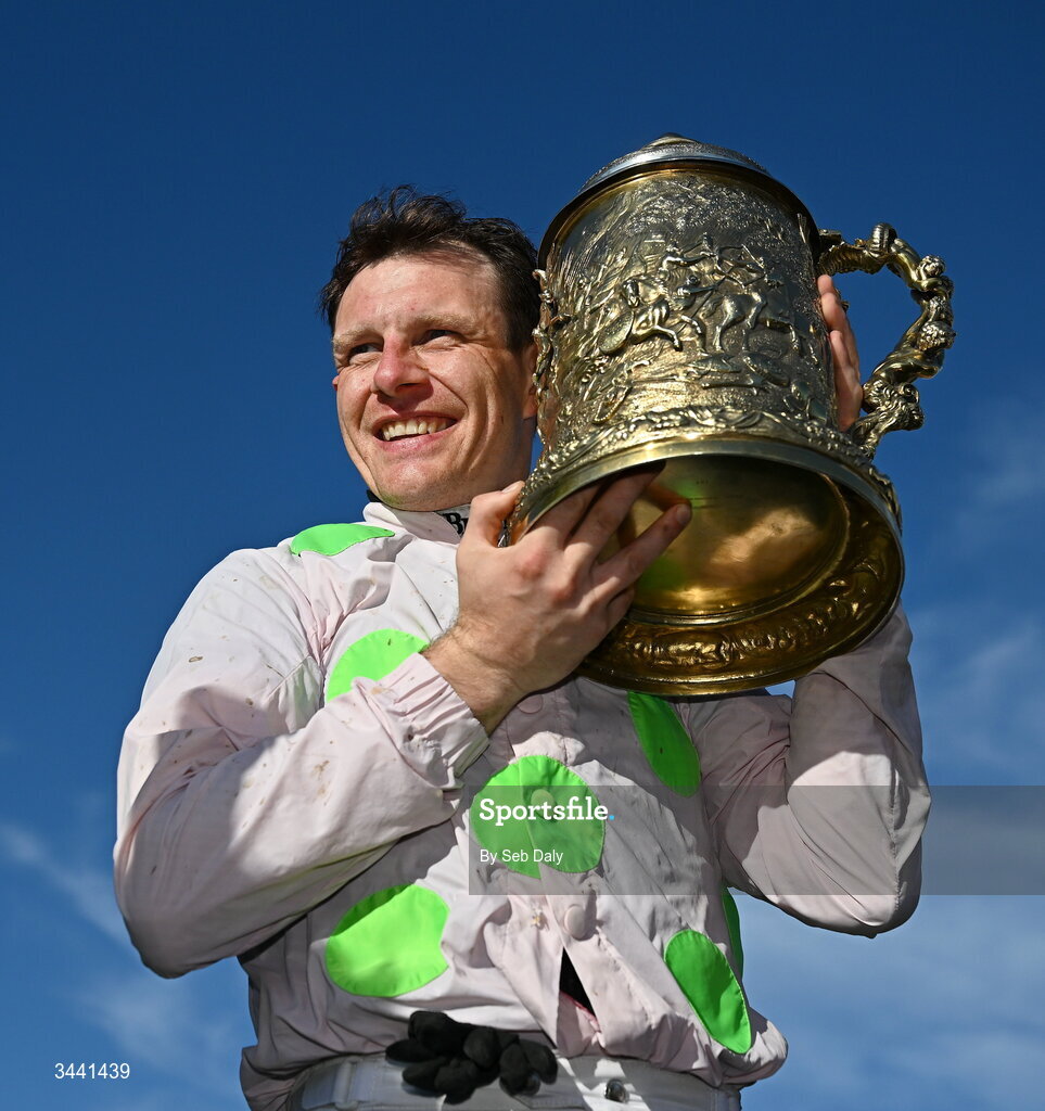 29 April 2026; Jockey Paul Townend celebrates with the Ladbrokes Punchestown Gold Cup after victory on Gaelic Warrior during day two of the Punchestown Festival at Punchestown Racecourse in Kildare. Photo by Seb Daly/Sportsfile