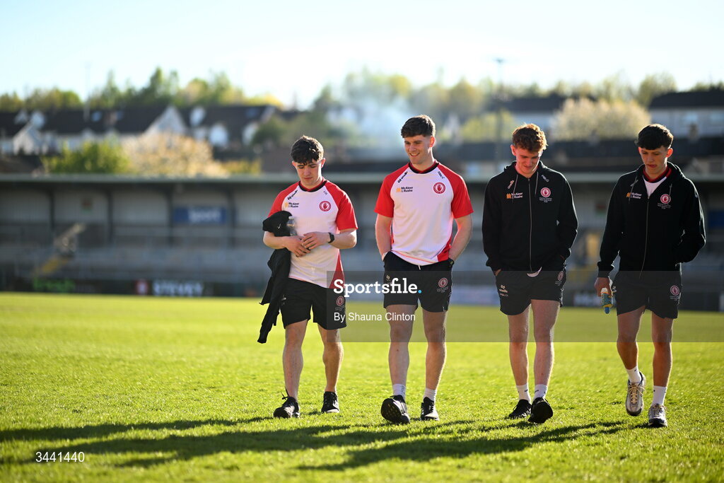 29 April 2026; Tyrone players inspect the pitch ahead of the Dalata Hotel Group Ulster U20 Football Championship final match between Monaghan and Tyrone at BOX-IT Athletic Grounds in Armagh. Photo by Shauna Clinton/Sportsfile
