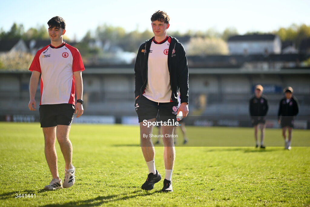 29 April 2026; Tyrone players inspect the pitch ahead of the Dalata Hotel Group Ulster U20 Football Championship final match between Monaghan and Tyrone at BOX-IT Athletic Grounds in Armagh. Photo by Shauna Clinton/Sportsfile