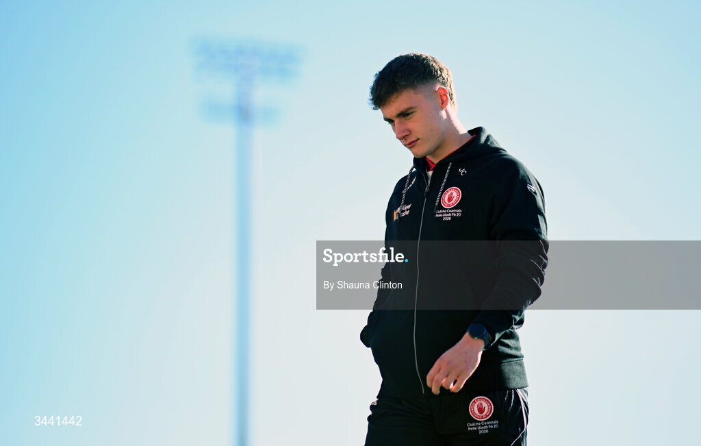 29 April 2026; A Tyrone player inspects the pitch ahead of the Dalata Hotel Group Ulster U20 Football Championship final match between Monaghan and Tyrone at BOX-IT Athletic Grounds in Armagh. Photo by Shauna Clinton/Sportsfile