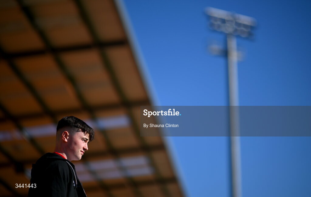 29 April 2026; A Tyrone player inspects the pitch ahead of the Dalata Hotel Group Ulster U20 Football Championship final match between Monaghan and Tyrone at BOX-IT Athletic Grounds in Armagh. Photo by Shauna Clinton/Sportsfile
