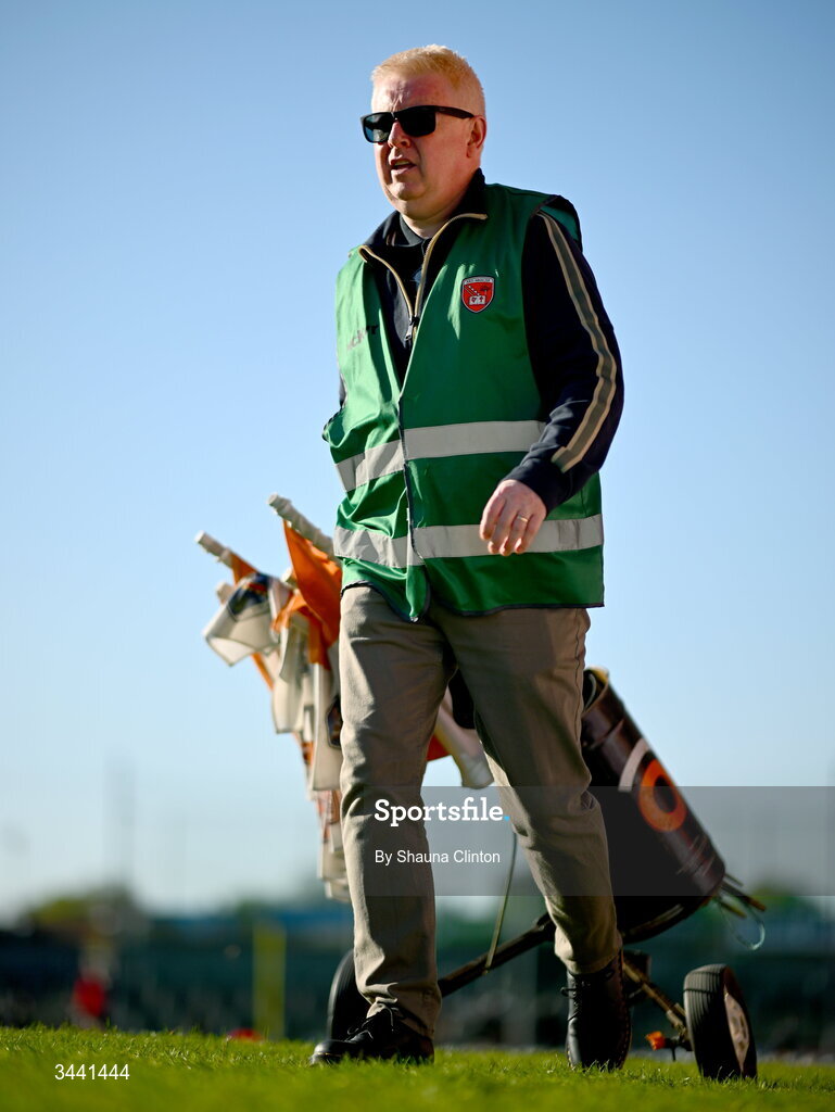 29 April 2026; Groundsman Frankie Rafferty lays down sideline flags ahead of the Dalata Hotel Group Ulster U20 Football Championship final match between Monaghan and Tyrone at BOX-IT Athletic Grounds in Armagh. Photo by Shauna Clinton/Sportsfile