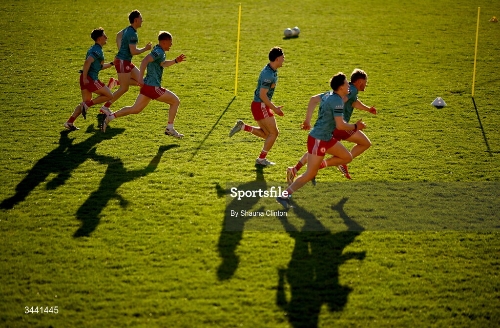 29 April 2026; Tyrone players warm-up ahead of the Dalata Hotel Group Ulster U20 Football Championship final match between Monaghan and Tyrone at BOX-IT Athletic Grounds in Armagh. Photo by Shauna Clinton/Sportsfile