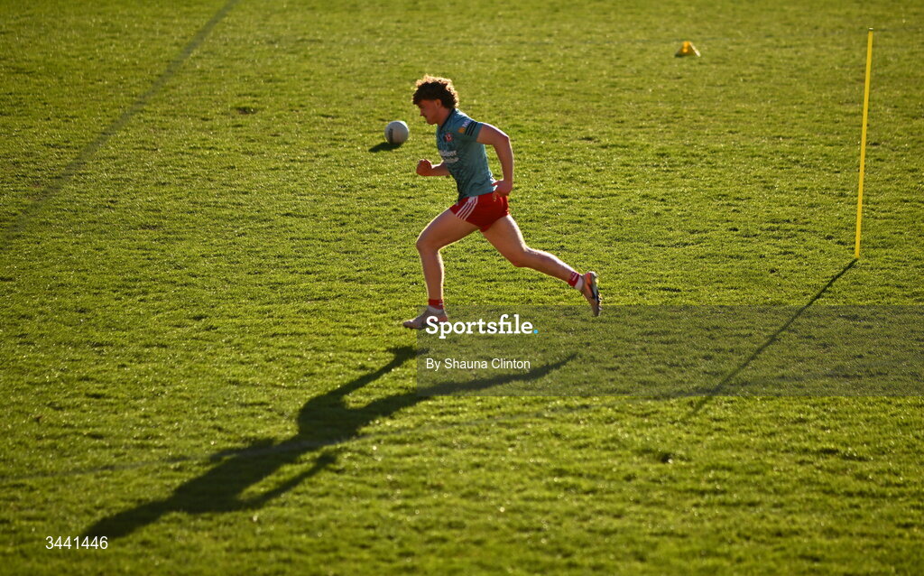 29 April 2026; A Tyrone player warms-up ahead of the Dalata Hotel Group Ulster U20 Football Championship final match between Monaghan and Tyrone at BOX-IT Athletic Grounds in Armagh. Photo by Shauna Clinton/Sportsfile