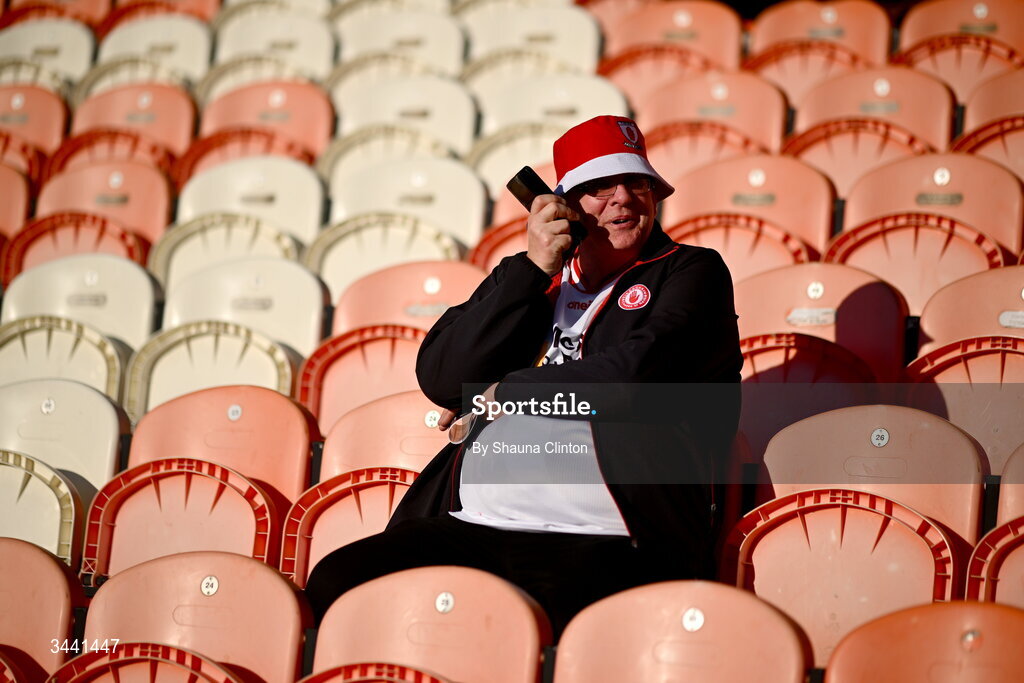 29 April 2026; A Tyrone supporter ahead of the Dalata Hotel Group Ulster U20 Football Championship final match between Monaghan and Tyrone at BOX-IT Athletic Grounds in Armagh. Photo by Shauna Clinton/Sportsfile