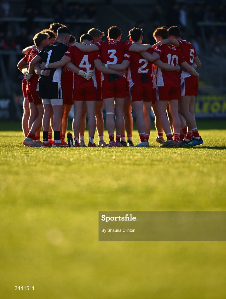 29 April 2026; Tyrone players huddle ahead of the Dalata Hotel Group Ulster U20 Football Championship final match between Monaghan and Tyrone at BOX-IT Athletic Grounds in Armagh. Photo by Shauna Clinton/Sportsfile