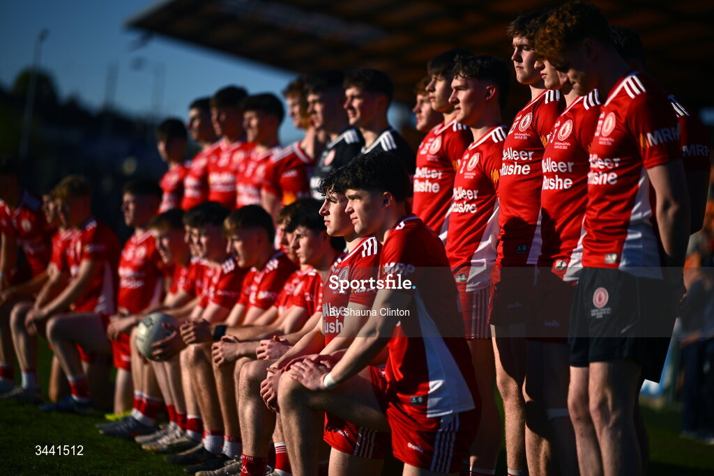 29 April 2026; Tyrone players pose for a team photograph ahead of the Dalata Hotel Group Ulster U20 Football Championship final match between Monaghan and Tyrone at BOX-IT Athletic Grounds in Armagh. Photo by Shauna Clinton/Sportsfile