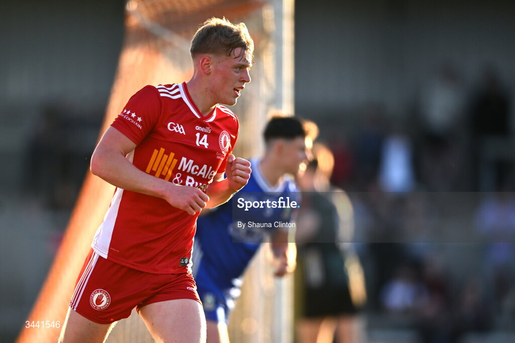 29 April 2026; Peter Colton of Tyrone celebrates a score during the Dalata Hotel Group Ulster U20 Football Championship final match between Monaghan and Tyrone at BOX-IT Athletic Grounds in Armagh. Photo by Shauna Clinton/Sportsfile