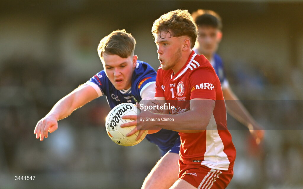 29 April 2026; Shea McDermott of Tyrone in action against Mark McCaffrey of Monaghan during the Dalata Hotel Group Ulster U20 Football Championship final match between Monaghan and Tyrone at BOX-IT Athletic Grounds in Armagh. Photo by Shauna Clinton/Sportsfile