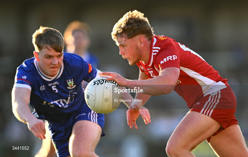 29 April 2026; Shea McDermott of Tyrone in action against Mark McCaffrey of Monaghan during the Dalata Hotel Group Ulster U20 Football Championship final match between Monaghan and Tyrone at BOX-IT Athletic Grounds in Armagh. Photo by Shauna Clinton/Sportsfile