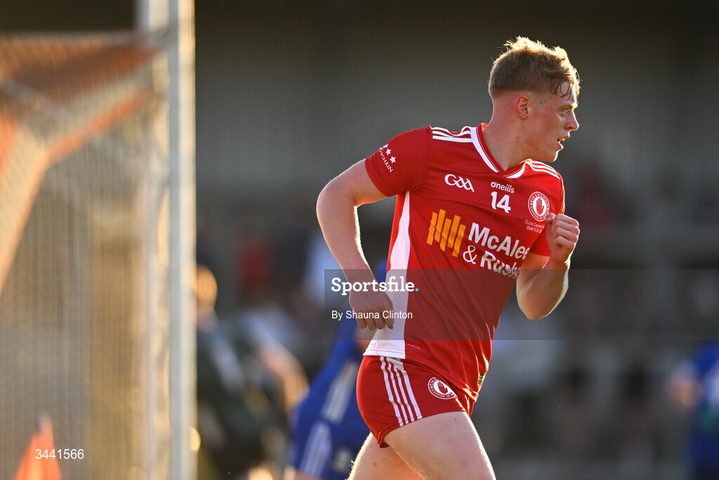 29 April 2026; Peter Colton of Tyrone celebrates a score during the Dalata Hotel Group Ulster U20 Football Championship final match between Monaghan and Tyrone at BOX-IT Athletic Grounds in Armagh. Photo by Shauna Clinton/Sportsfile