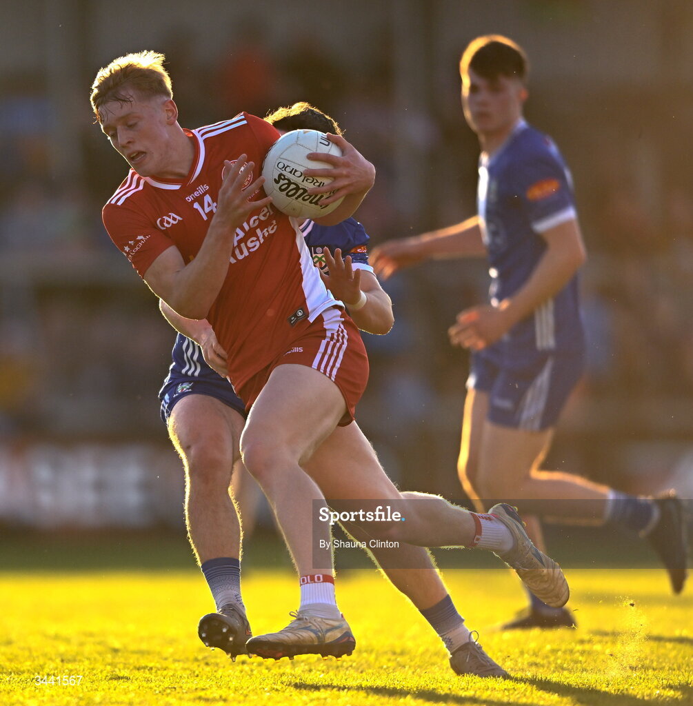 29 April 2026; Peter Colton of Tyrone is tackled by Caolan Clerkin of Monaghan during the Dalata Hotel Group Ulster U20 Football Championship final match between Monaghan and Tyrone at BOX-IT Athletic Grounds in Armagh. Photo by Shauna Clinton/Sportsfile