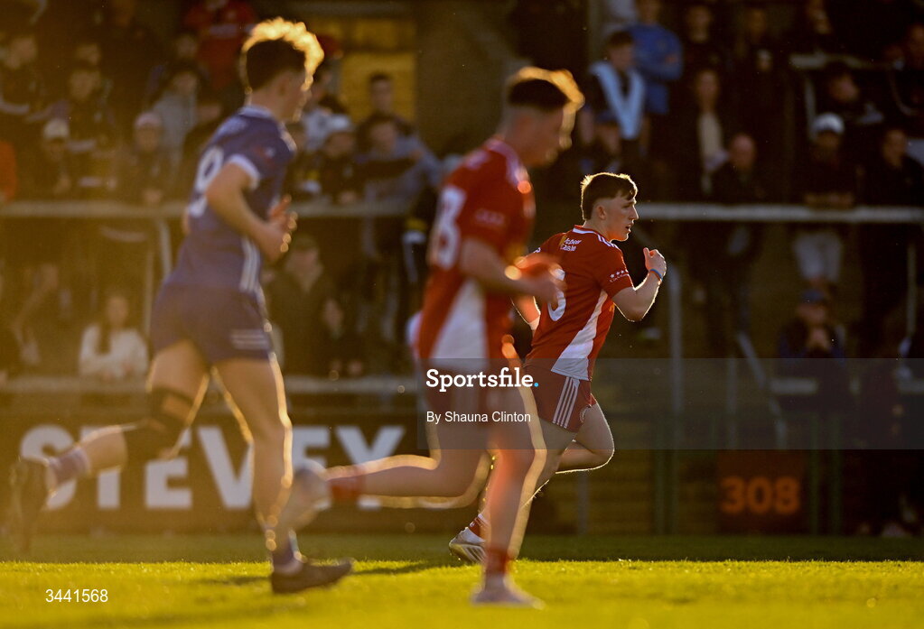 29 April 2026; Conor Devlin of Tyrone celebrates after scoring his side's second goal during the Dalata Hotel Group Ulster U20 Football Championship final match between Monaghan and Tyrone at BOX-IT Athletic Grounds in Armagh. Photo by Shauna Clinton/Sportsfile