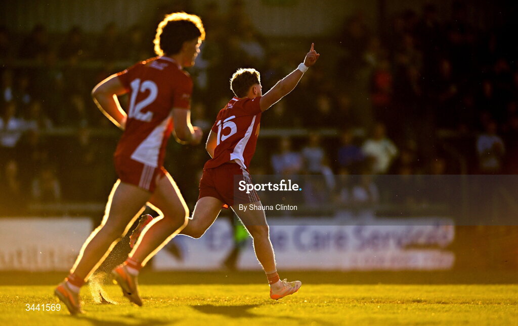 29 April 2026; Shea McDermott of Tyrone celebrates scoring his side's first goal during the Dalata Hotel Group Ulster U20 Football Championship final match between Monaghan and Tyrone at BOX-IT Athletic Grounds in Armagh. Photo by Shauna Clinton/Sportsfile