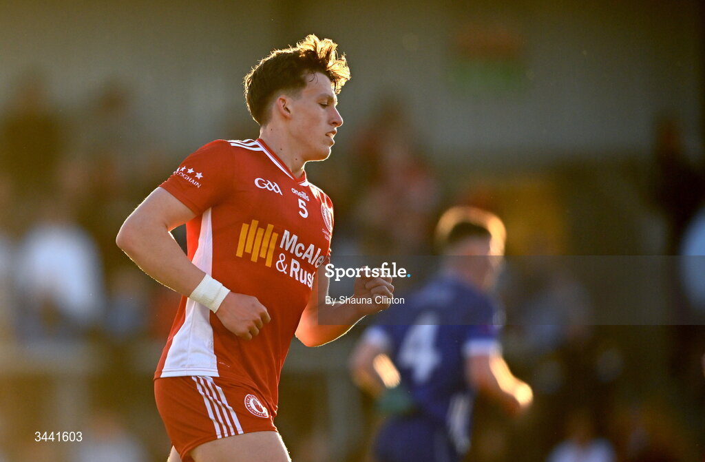 29 April 2026; Aodhán Quinn of Tyrone celebrates a score during the Dalata Hotel Group Ulster U20 Football Championship final match between Monaghan and Tyrone at BOX-IT Athletic Grounds in Armagh. Photo by Shauna Clinton/Sportsfile