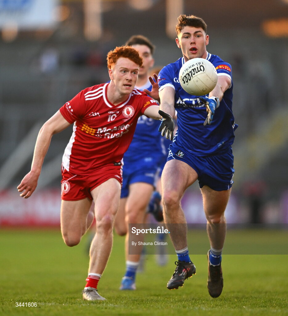 29 April 2026; Killian Kierans of Monaghan in action against Conall Sheehy of Tyrone during the Dalata Hotel Group Ulster U20 Football Championship final match between Monaghan and Tyrone at BOX-IT Athletic Grounds in Armagh. Photo by Shauna Clinton/Sportsfile