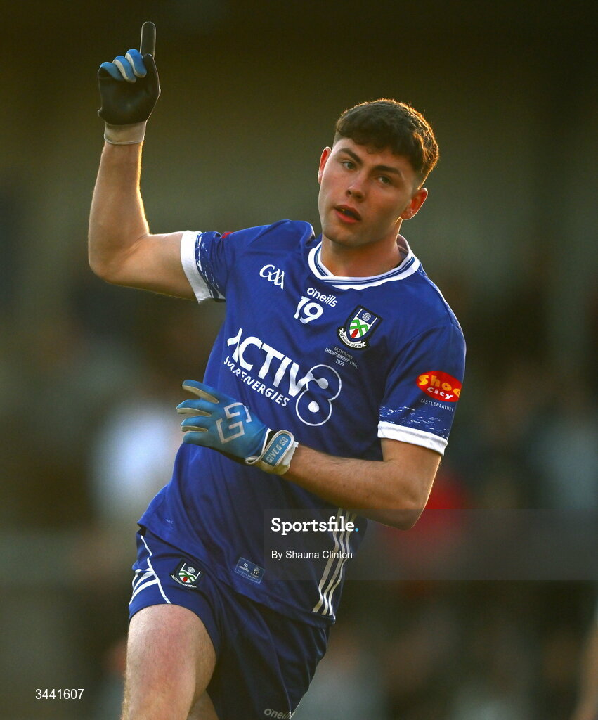 29 April 2026; Killian Kierans of Monaghan celebrates a score during the Dalata Hotel Group Ulster U20 Football Championship final match between Monaghan and Tyrone at BOX-IT Athletic Grounds in Armagh. Photo by Shauna Clinton/Sportsfile