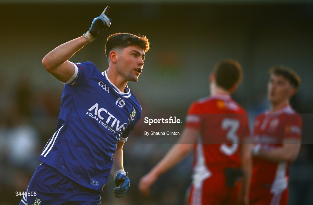 29 April 2026; Killian Kierans of Monaghan celebrates a score during the Dalata Hotel Group Ulster U20 Football Championship final match between Monaghan and Tyrone at BOX-IT Athletic Grounds in Armagh. Photo by Shauna Clinton/Sportsfile
