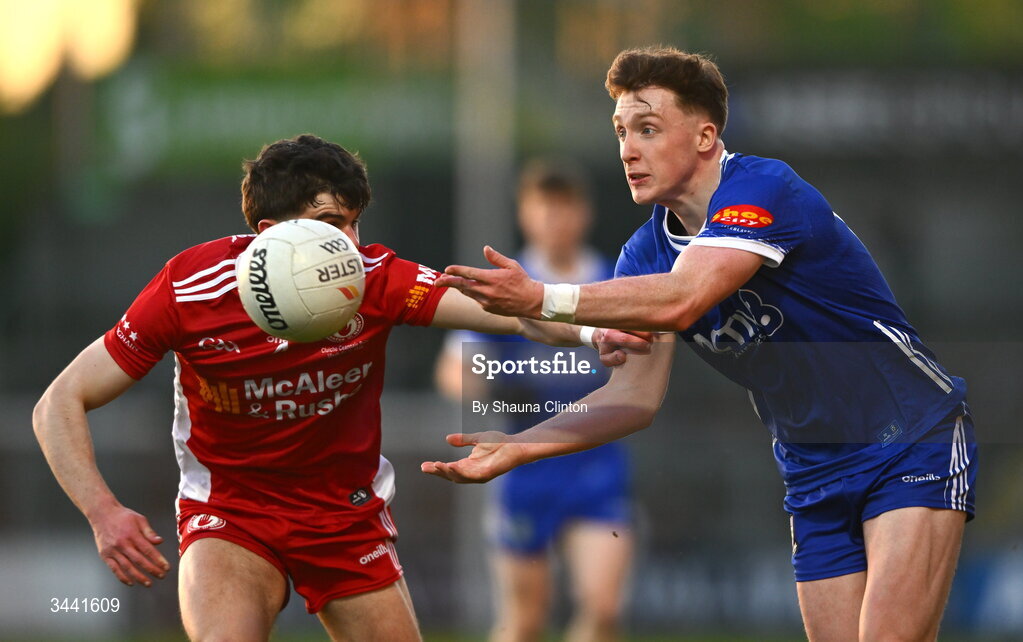 29 April 2026; Matthew Finn of Monaghan in action against Michael McNamee of Tyrone during the Dalata Hotel Group Ulster U20 Football Championship final match between Monaghan and Tyrone at BOX-IT Athletic Grounds in Armagh. Photo by Shauna Clinton/Sportsfile