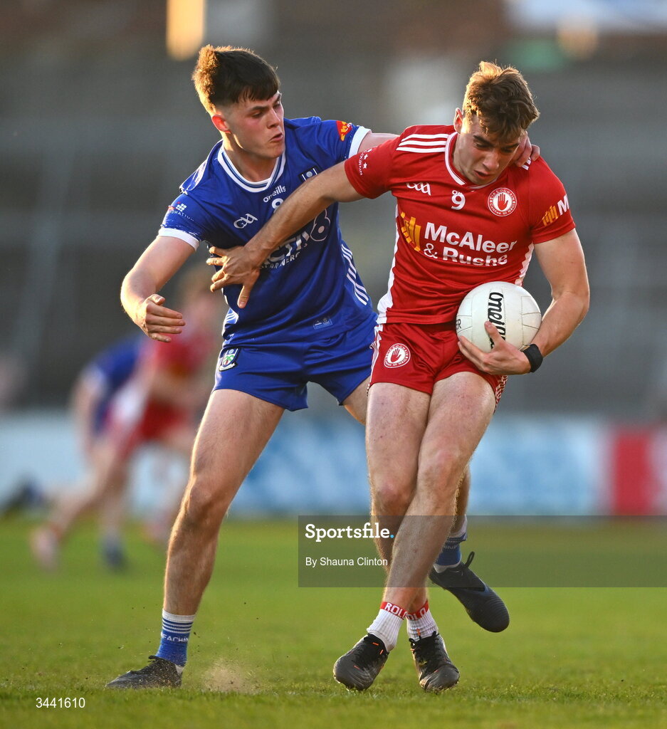 29 April 2026; Conor O’Neill of Tyrone is tackled by Shane O’Connor of Monaghan during the Dalata Hotel Group Ulster U20 Football Championship final match between Monaghan and Tyrone at BOX-IT Athletic Grounds in Armagh. Photo by Shauna Clinton/Sportsfile