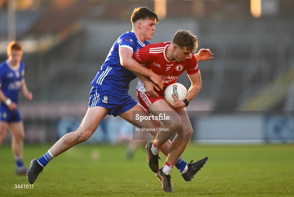 29 April 2026; Conor O’Neill of Tyrone is tackled by Shane O’Connor of Monaghan during the Dalata Hotel Group Ulster U20 Football Championship final match between Monaghan and Tyrone at BOX-IT Athletic Grounds in Armagh. Photo by Shauna Clinton/Sportsfile