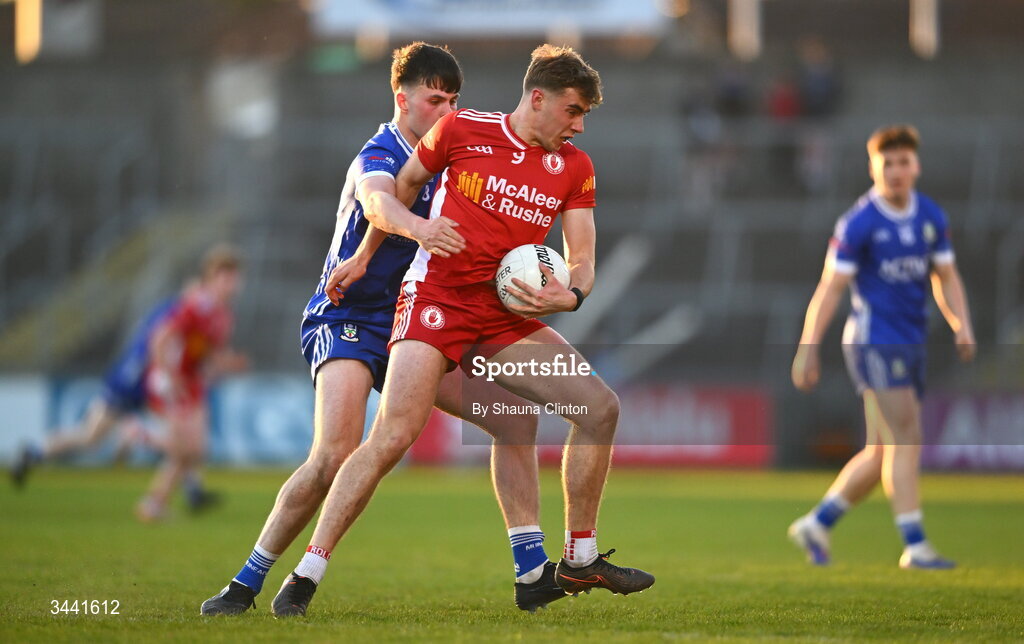 29 April 2026; Conor O’Neill of Tyrone is tackled by Shane O’Connor of Monaghan during the Dalata Hotel Group Ulster U20 Football Championship final match between Monaghan and Tyrone at BOX-IT Athletic Grounds in Armagh. Photo by Shauna Clinton/Sportsfile