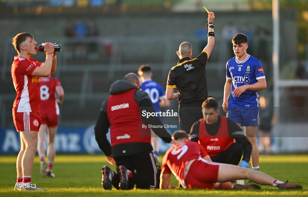 29 April 2026; Shane O’Connor of Monaghan is shown a yellow card by referee Mark Doyle during the Dalata Hotel Group Ulster U20 Football Championship final match between Monaghan and Tyrone at BOX-IT Athletic Grounds in Armagh. Photo by Shauna Clinton/Sportsfile