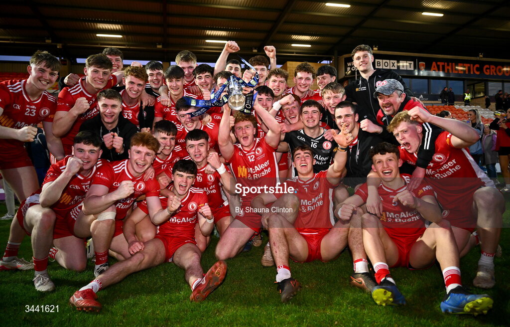 29 April 2026; Tyrone players celebrate after their side's victory in the Dalata Hotel Group Ulster U20 Football Championship final match between Monaghan and Tyrone at BOX-IT Athletic Grounds in Armagh. Photo by Shauna Clinton/Sportsfile