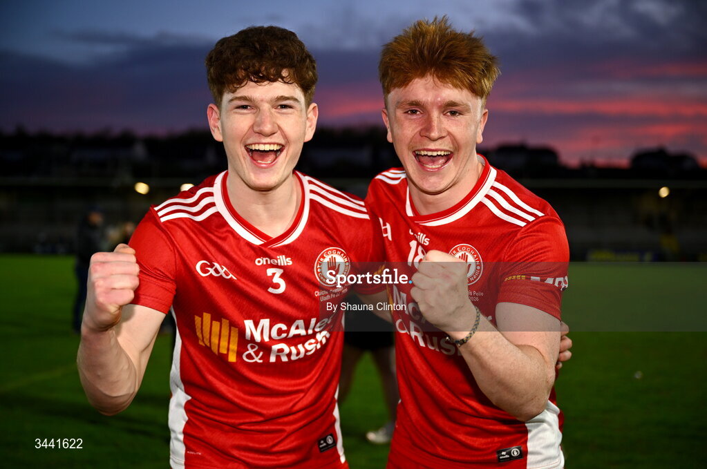 29 April 2026; Tyrone players Luke Neeson, left, and Correy Bell celebrate after their side's victory in the Dalata Hotel Group Ulster U20 Football Championship final match between Monaghan and Tyrone at BOX-IT Athletic Grounds in Armagh. Photo by Shauna Clinton/Sportsfile