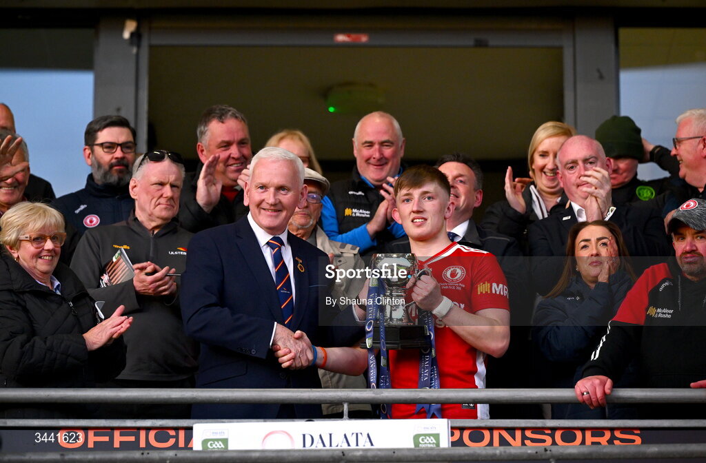 29 April 2026; Tyrone captain Conor Devlin lifts the cup after their side's victory in the Dalata Hotel Group Ulster U20 Football Championship final match between Monaghan and Tyrone at BOX-IT Athletic Grounds in Armagh. Photo by Shauna Clinton/Sportsfile