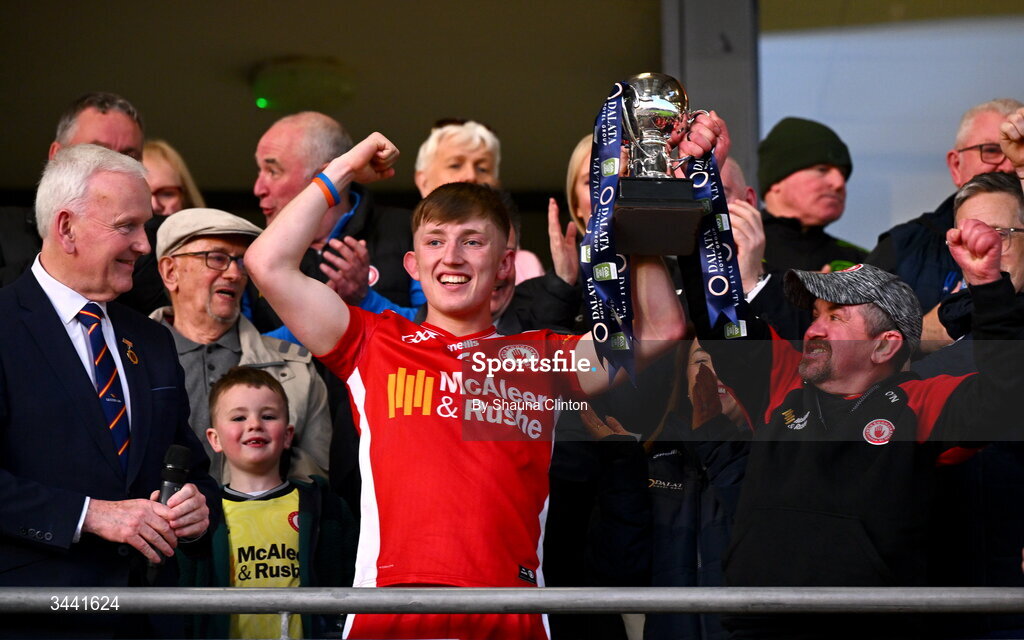 29 April 2026; Tyrone captain Conor Devlin lifts the cup after their side's victory in the Dalata Hotel Group Ulster U20 Football Championship final match between Monaghan and Tyrone at BOX-IT Athletic Grounds in Armagh. Photo by Shauna Clinton/Sportsfile