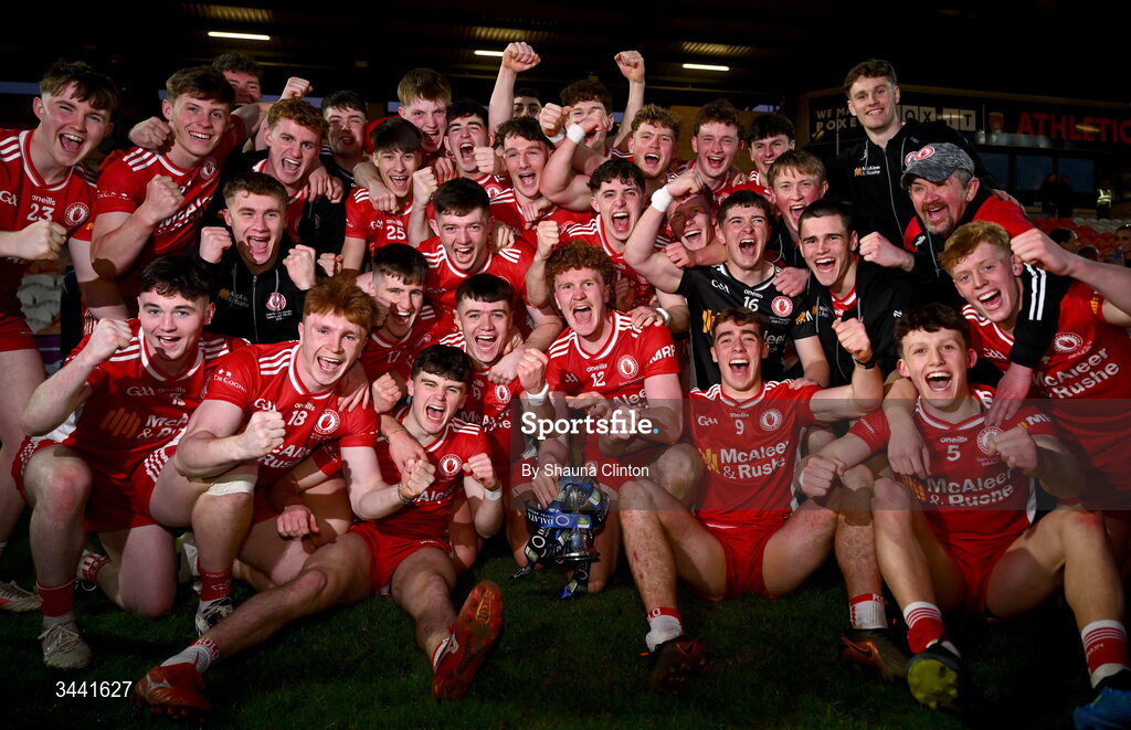 29 April 2026; Tyrone players celebrate after their side's victory in the Dalata Hotel Group Ulster U20 Football Championship final match between Monaghan and Tyrone at BOX-IT Athletic Grounds in Armagh. Photo by Shauna Clinton/Sportsfile