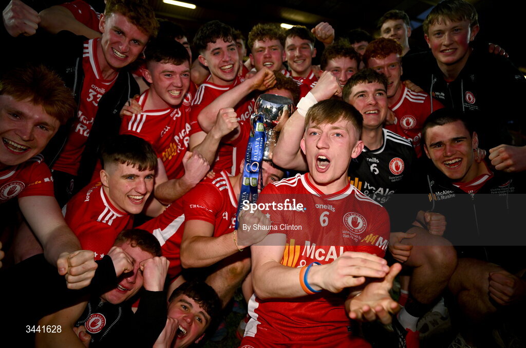 29 April 2026; Tyrone captain Conor Devlin, centre, celebrates with team-mates after their side's victory in the Dalata Hotel Group Ulster U20 Football Championship final match between Monaghan and Tyrone at BOX-IT Athletic Grounds in Armagh. Photo by Shauna Clinton/Sportsfile