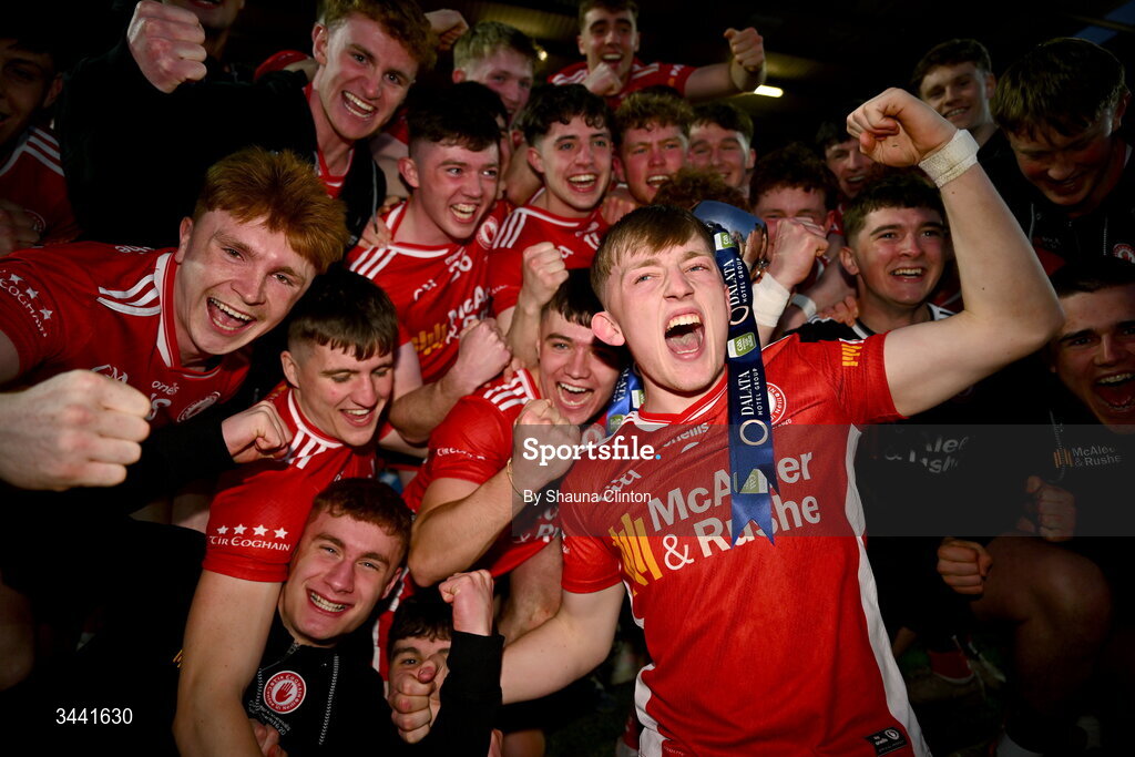 29 April 2026; Tyrone captain Conor Devlin, centre, celebrates with team-mates after their side's victory in the Dalata Hotel Group Ulster U20 Football Championship final match between Monaghan and Tyrone at BOX-IT Athletic Grounds in Armagh. Photo by Shauna Clinton/Sportsfile