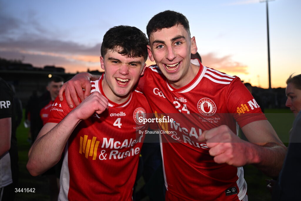 29 April 2026; Tyrone players Michael McNamee, left, and Ronan O’Sullivan celebrate after their side's victory in the Dalata Hotel Group Ulster U20 Football Championship final match between Monaghan and Tyrone at BOX-IT Athletic Grounds in Armagh. Photo by Shauna Clinton/Sportsfile