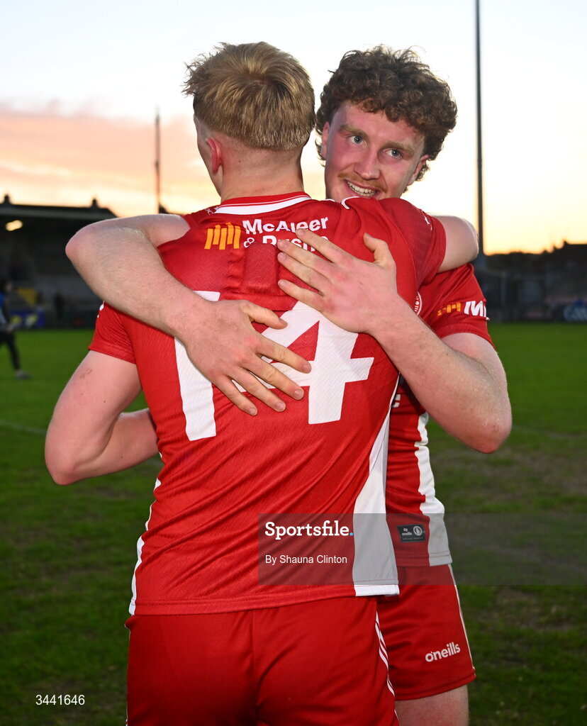 29 April 2026; Tyrone players Peter Colton, left, and Turlough Muldoon celebrate after their side's victory in the Dalata Hotel Group Ulster U20 Football Championship final match between Monaghan and Tyrone at BOX-IT Athletic Grounds in Armagh. Photo by Shauna Clinton/Sportsfile