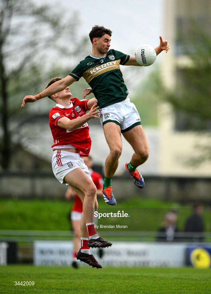 30 April 2026; Evan Boyle of Kerry gathers the kickout ahead of Darragh Clifford of Cork during the Dalata Hotel Group Munster U20 Football Championship final match between Kerry and Cork at Austin Stack Park in Tralee, Kerry. Photo by Brendan Moran/Sportsfile