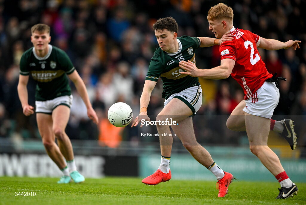 30 April 2026; Paddy Lane of Kerry is tackled by Frank Hurley of Cork during the Dalata Hotel Group Munster U20 Football Championship final match between Kerry and Cork at Austin Stack Park in Tralee, Kerry. Photo by Brendan Moran/Sportsfile