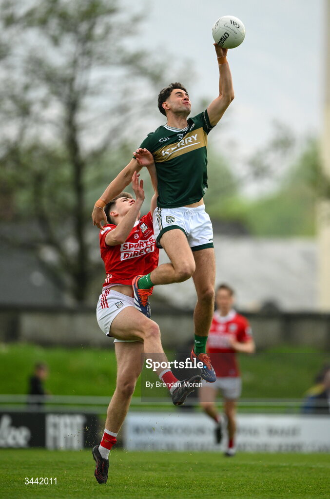 30 April 2026; Evan Boyle of Kerry gathers the kickout ahead of Darragh Clifford of Cork during the Dalata Hotel Group Munster U20 Football Championship final match between Kerry and Cork at Austin Stack Park in Tralee, Kerry. Photo by Brendan Moran/Sportsfile