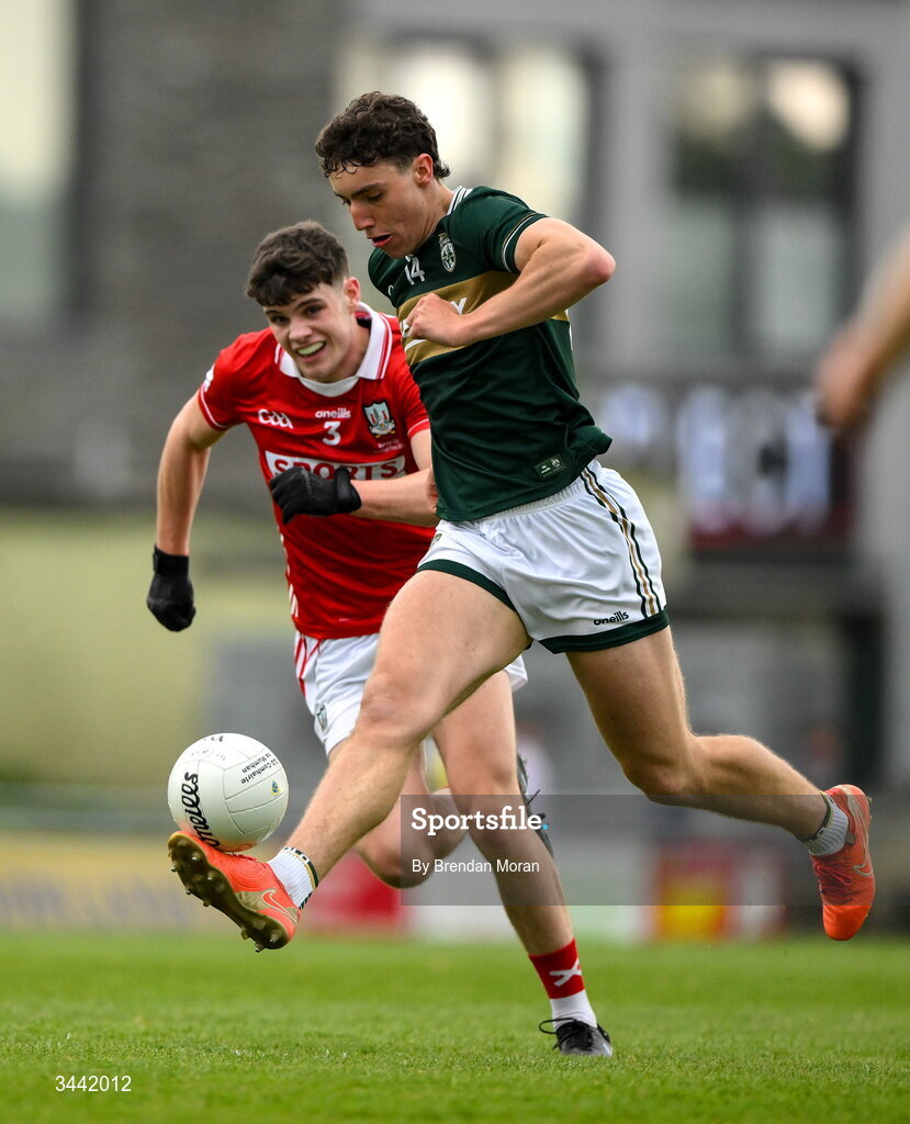 30 April 2026; Tomás Kennedy of Kerry action against Peter Rose of Cork during the Dalata Hotel Group Munster U20 Football Championship final match between Kerry and Cork at Austin Stack Park in Tralee, Kerry. Photo by Brendan Moran/Sportsfile