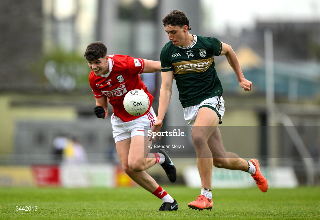 30 April 2026; Tomás Kennedy of Kerry in action against Peter Rose of Cork during the Dalata Hotel Group Munster U20 Football Championship final match between Kerry and Cork at Austin Stack Park in Tralee, Kerry. Photo by Brendan Moran/Sportsfile