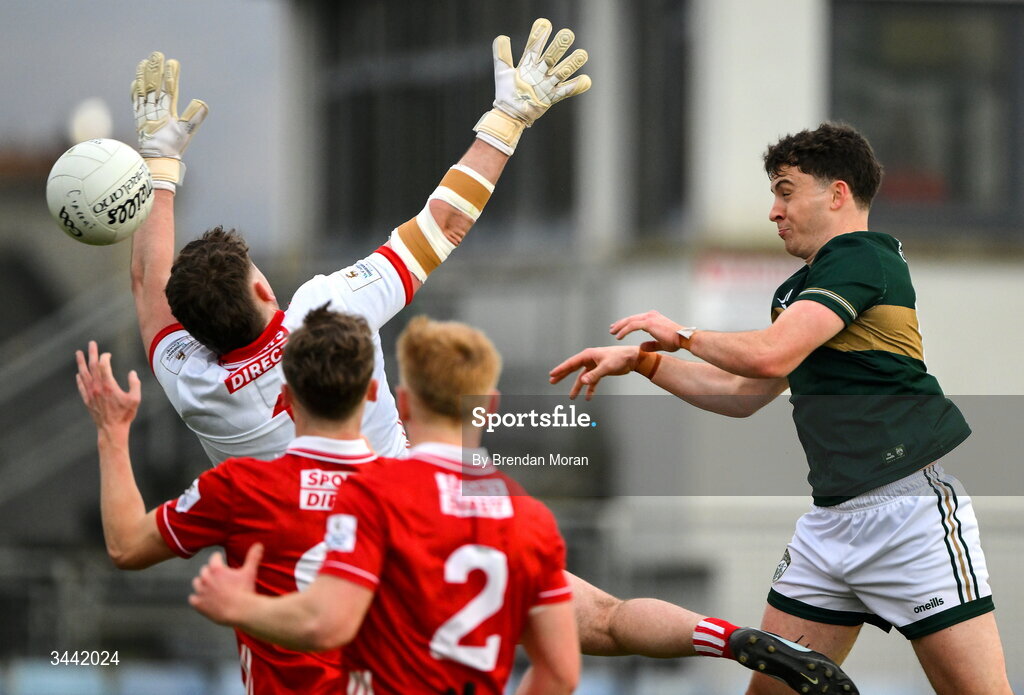 30 April 2026; Paddy Lane of Kerry scores his side's first goal during the Dalata Hotel Group Munster U20 Football Championship final match between Kerry and Cork at Austin Stack Park in Tralee, Kerry. Photo by Brendan Moran/Sportsfile