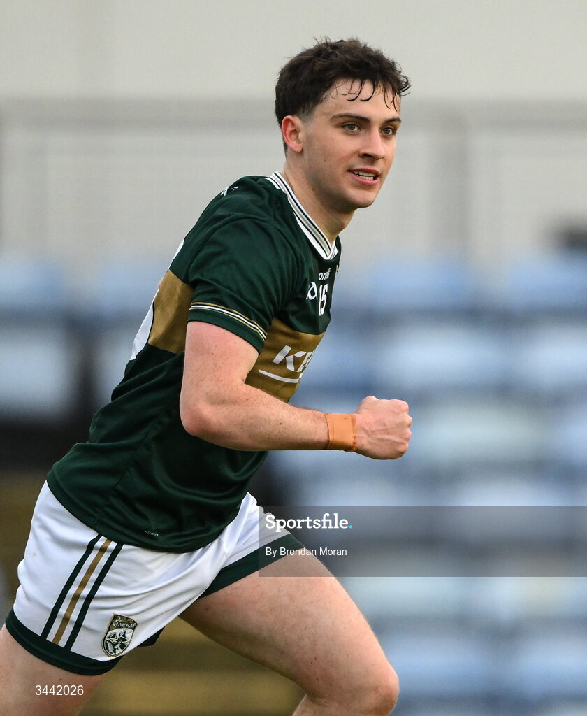 30 April 2026; Paddy Lane of Kerry celebrates after scoring his side's first goal during the Dalata Hotel Group Munster U20 Football Championship final match between Kerry and Cork at Austin Stack Park in Tralee, Kerry. Photo by Brendan Moran/Sportsfile