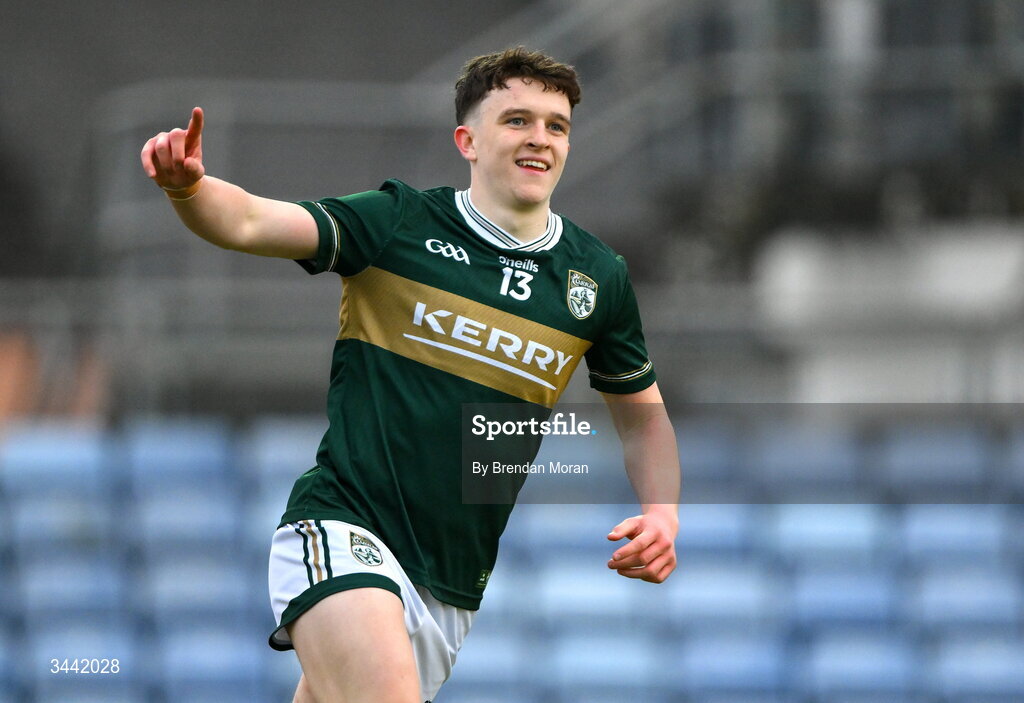 30 April 2026; Gearóid White of Kerry celebrates after scoring his side's second goal during the Dalata Hotel Group Munster U20 Football Championship final match between Kerry and Cork at Austin Stack Park in Tralee, Kerry. Photo by Brendan Moran/Sportsfile