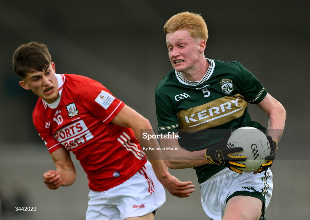 30 April 2026; Eoin O’Flaherty of Kerry in action against Ben O’Connell of Cork during the Dalata Hotel Group Munster U20 Football Championship final match between Kerry and Cork at Austin Stack Park in Tralee, Kerry. Photo by Brendan Moran/Sportsfile