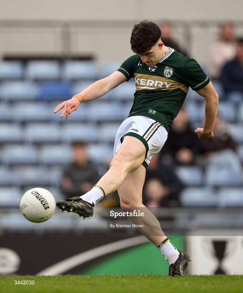 30 April 2026; Gearóid White of Kerry scores his side's second goal during the Dalata Hotel Group Munster U20 Football Championship final match between Kerry and Cork at Austin Stack Park in Tralee, Kerry. Photo by Brendan Moran/Sportsfile