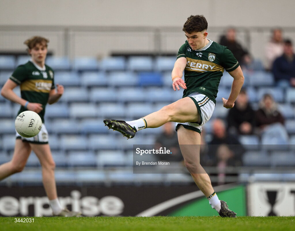 30 April 2026; Gearóid White of Kerry scores his side's second goal during the Dalata Hotel Group Munster U20 Football Championship final match between Kerry and Cork at Austin Stack Park in Tralee, Kerry. Photo by Brendan Moran/Sportsfile