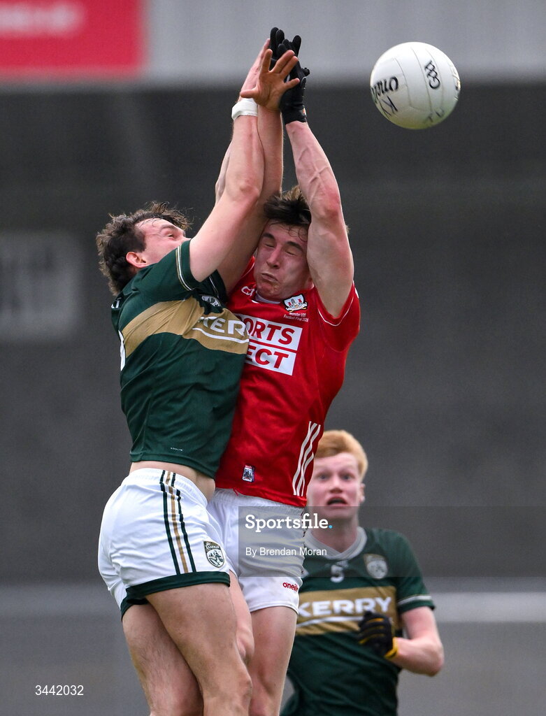 30 April 2026; Jack O’Sullivan of Kerry and Aaron Keane of Cork contest a kickout during the Dalata Hotel Group Munster U20 Football Championship final match between Kerry and Cork at Austin Stack Park in Tralee, Kerry. Photo by Brendan Moran/Sportsfile