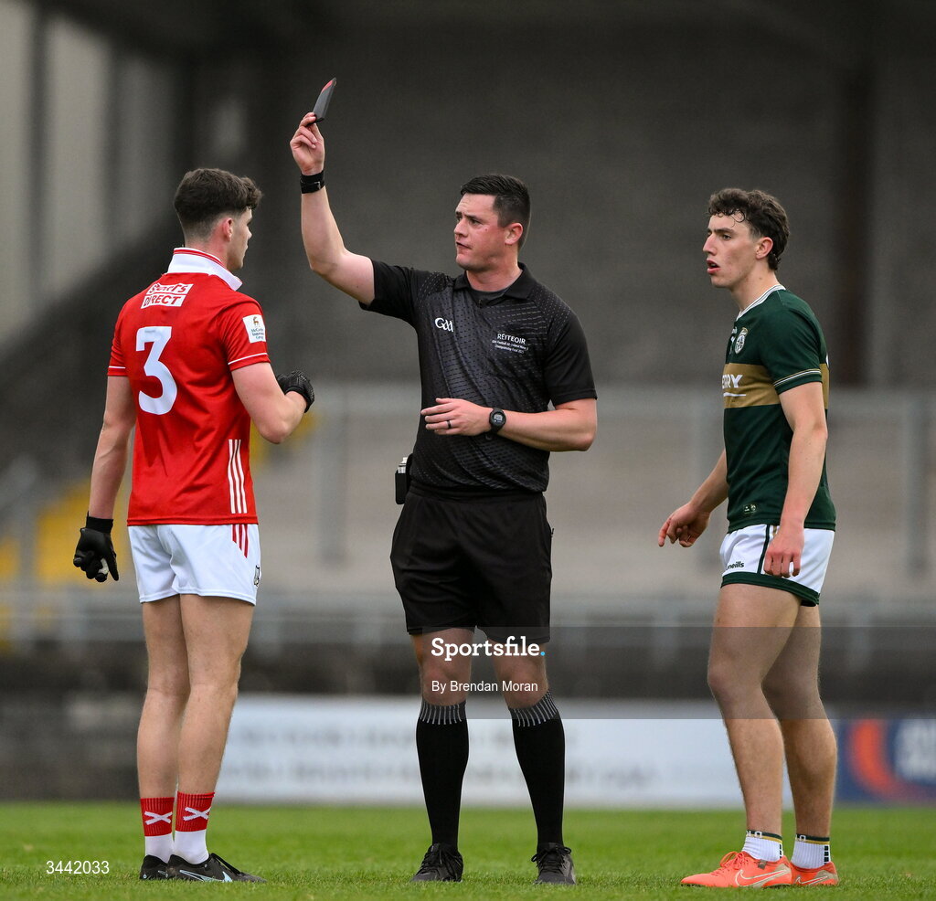 30 April 2026; Referee Chris Maguire shows a black card to Peter Rose of Cork and Tomás Kennedy of Kerry during the Dalata Hotel Group Munster U20 Football Championship final match between Kerry and Cork at Austin Stack Park in Tralee, Kerry. Photo by Brendan Moran/Sportsfile