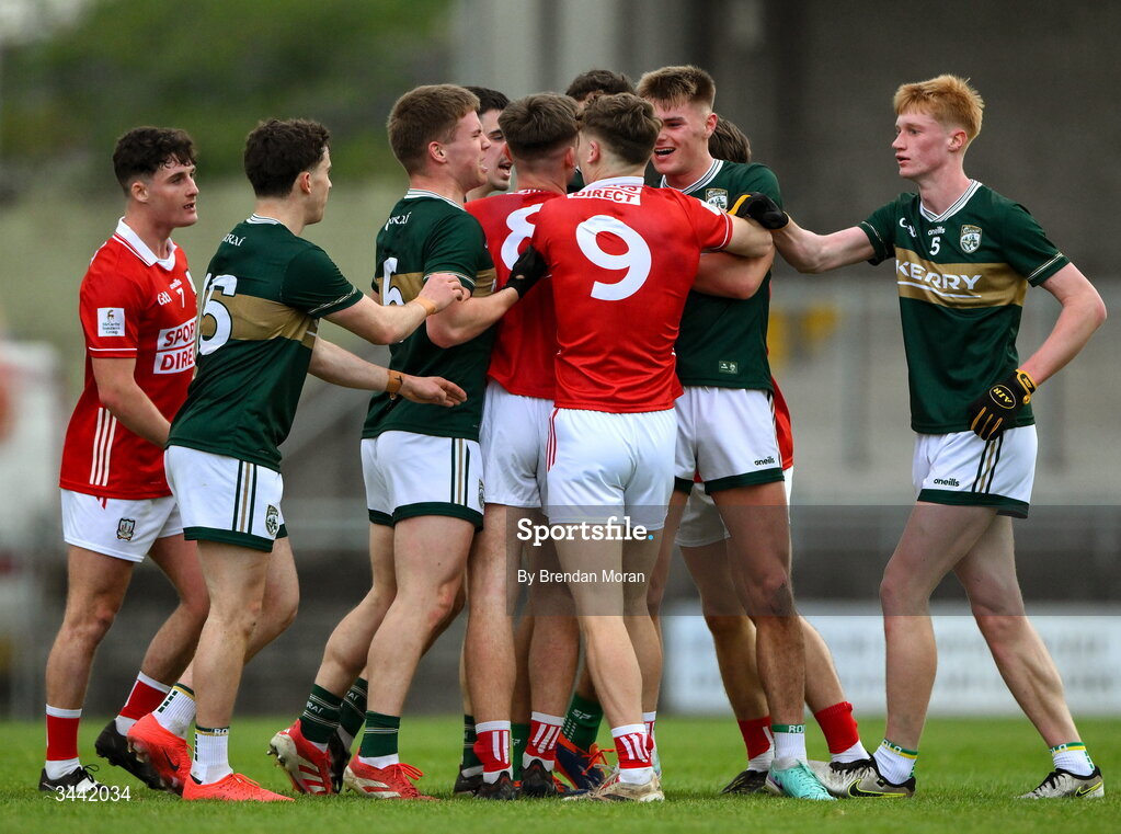 30 April 2026; Players tussle during the Dalata Hotel Group Munster U20 Football Championship final match between Kerry and Cork at Austin Stack Park in Tralee, Kerry. Photo by Brendan Moran/Sportsfile